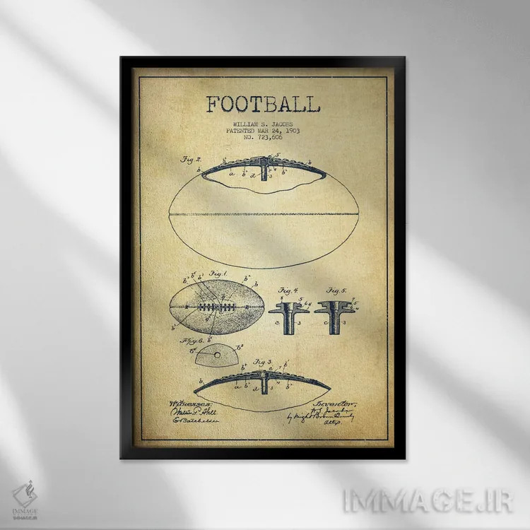 تابلو نقشهٔ ثبت اختراع توپ فوتبال قدیمی اثر پیکسل کهنه (استودیو/نام هنری) - نمای قابدار مشکی
