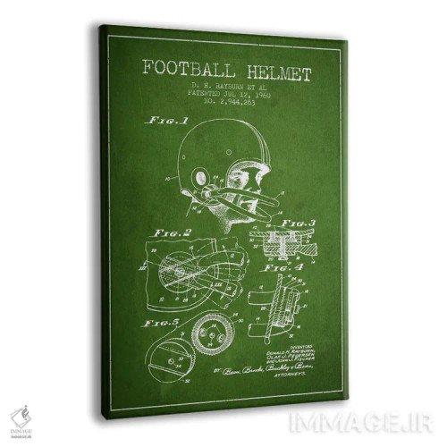 تابلو نقشهٔ ثبت اختراع کلاه ایمنی فوتبال (سبز) اثر پیکسل کهنه (استودیو/نام هنری) - نمای پرسپکتیو محصول