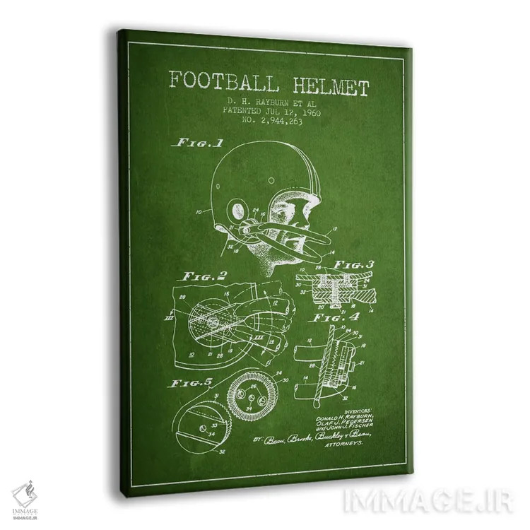 تابلو نقشهٔ ثبت اختراع کلاه ایمنی فوتبال (سبز) اثر پیکسل کهنه (استودیو/نام هنری) - نمای پرسپکتیو محصول