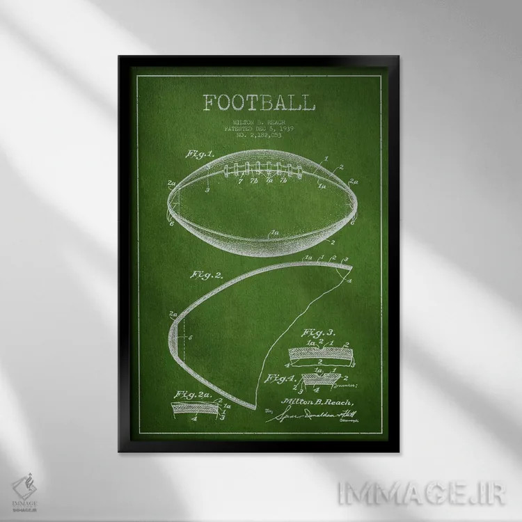 تابلو نقشهٔ ثبت اختراع توپ فوتبال (سبز) اثر پیکسل کهنه (استودیو/نام هنری) - نمای قابدار مشکی