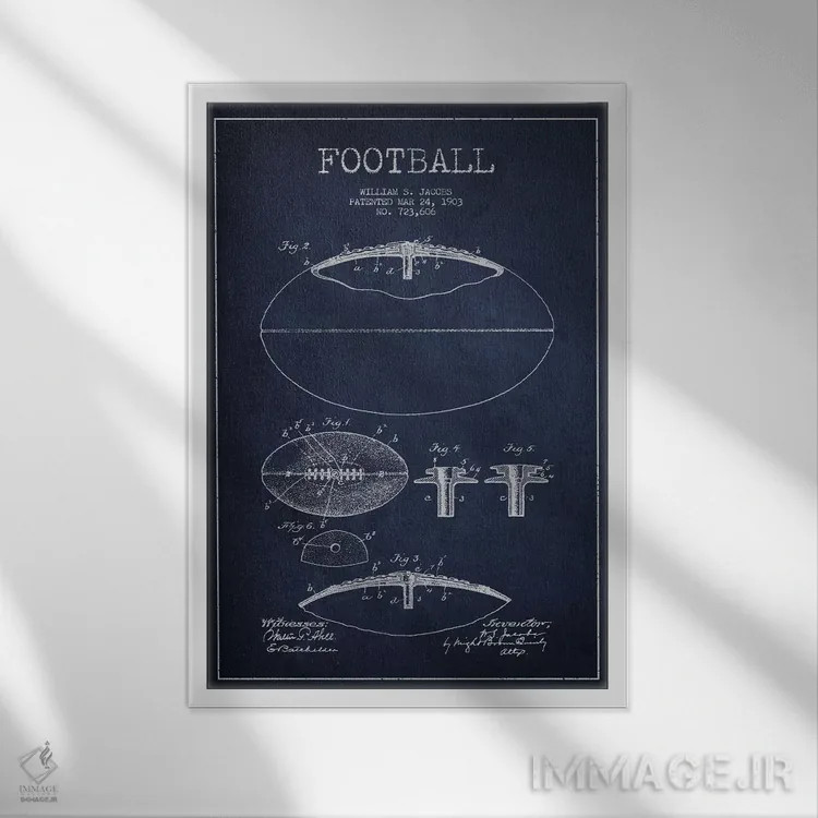 تابلو نقشهٔ ثبت اختراع توپ فوتبال (تمام آبی سرمهای) اثر پیکسل کهنه (استودیو/نام هنری) - نمای قابدار سفید