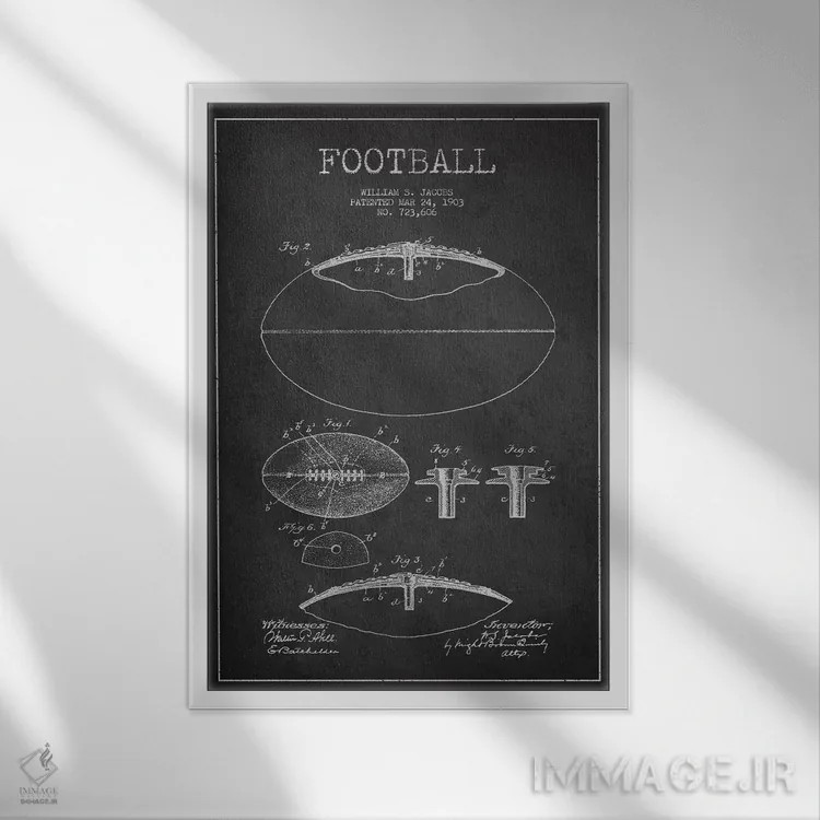 تابلو نقشهٔ ثبت اختراع توپ فوتبال (زغالسنگی) اثر پیکسل کهنه (استودیو/نام هنری) - نمای قابدار سفید