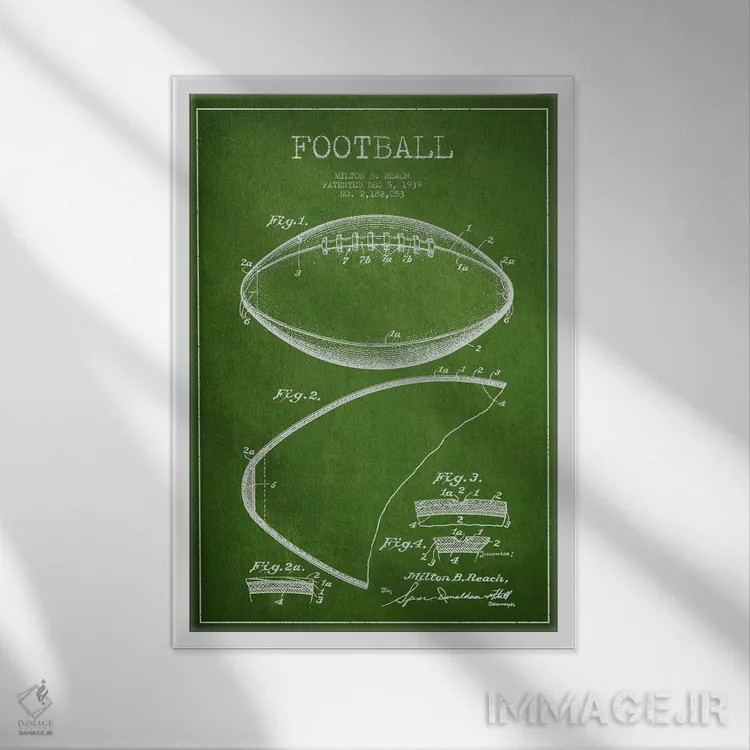 تابلو نقشهٔ ثبت اختراع توپ فوتبال (سبز) اثر پیکسل کهنه (استودیو/نام هنری) - نمای قابدار سفید