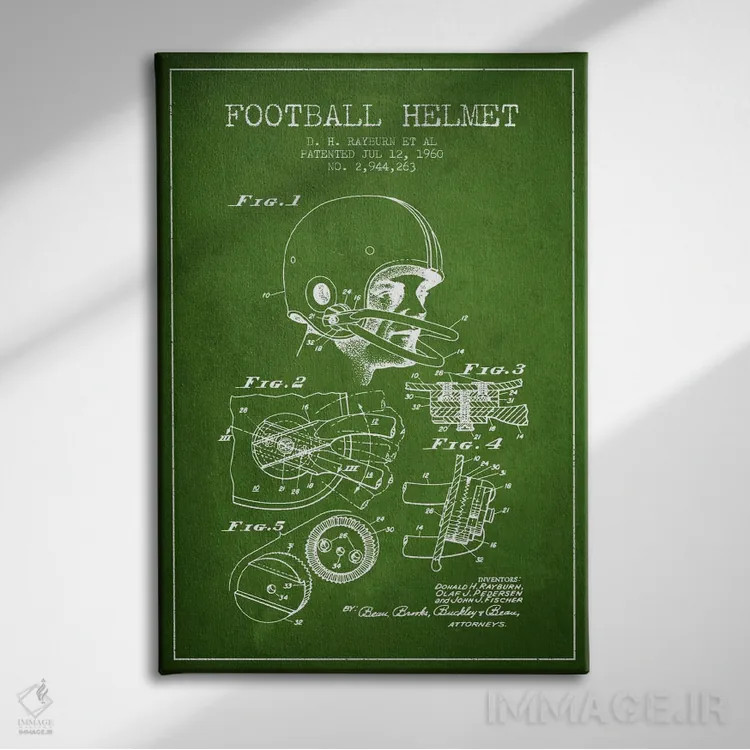 تابلو نقشهٔ ثبت اختراع کلاه ایمنی فوتبال (سبز) اثر پیکسل کهنه (استودیو/نام هنری) - نمای روبهرو روی دیوار