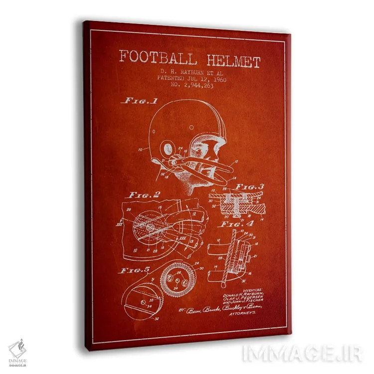 تابلو نقشهٔ ثبت اختراع کلاه ایمنی فوتبال (قرمز) اثر پیکسل کهنه (استودیو/نام هنری) - نمای پرسپکتیو محصول