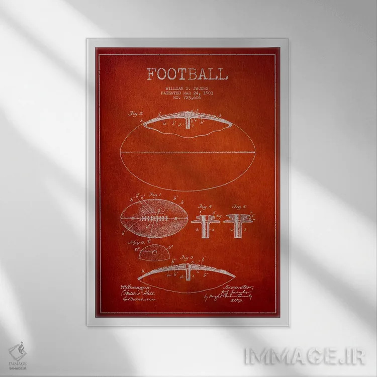 تابلو نقشهٔ ثبت اختراع توپ فوتبال (قرمز) اثر پیکسل کهنه (استودیو/نام هنری) - نمای قابدار سفید