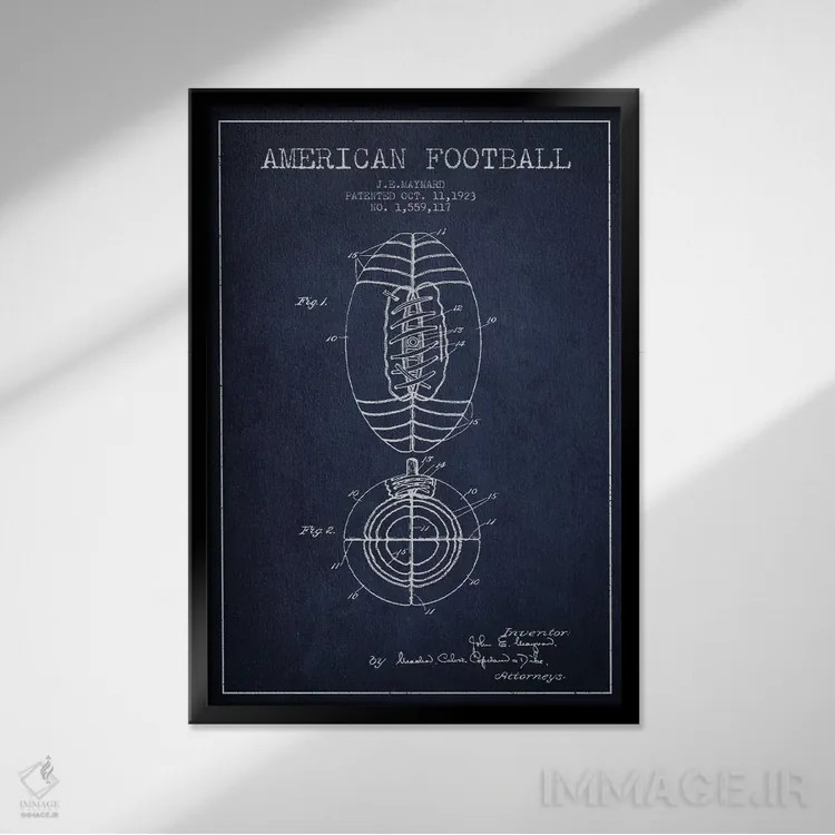 تابلو نقشهٔ ثبت اختراع توپ فوتبال (آبی سرمهای) اثر پیکسل کهنه (استودیو/نام هنری) - نمای قابدار مشکی