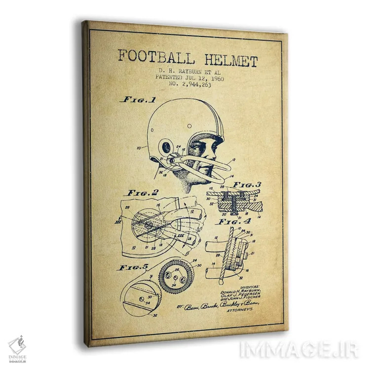 تابلو نقشهٔ ثبت اختراع کلاه ایمنی فوتبال قدیمی اثر پیکسل کهنه (استودیو/نام هنری) - نمای پرسپکتیو محصول
