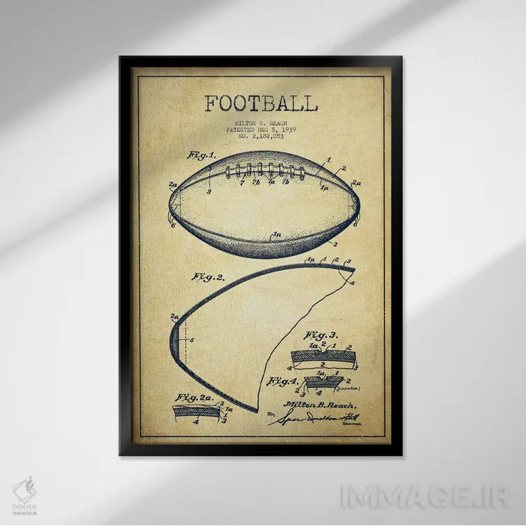 تابلو نقشهٔ ثبت اختراع توپ فوتبال قدیمی اثر پیکسل کهنه (استودیو/نام هنری) - نمای قابدار مشکی
