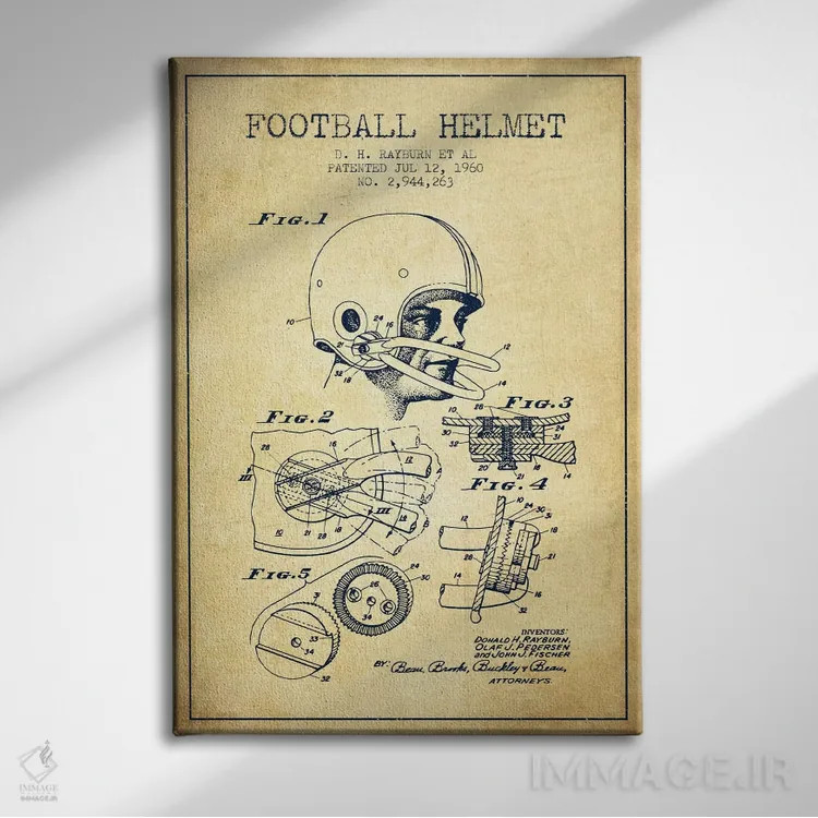 تابلو نقشهٔ ثبت اختراع کلاه ایمنی فوتبال قدیمی اثر پیکسل کهنه (استودیو/نام هنری) - نمای روبهرو روی دیوار
