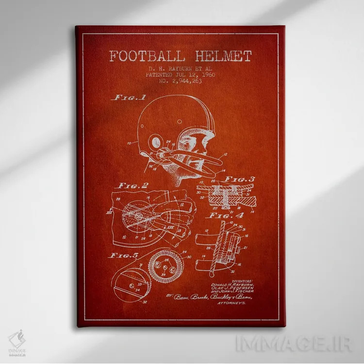 تابلو نقشهٔ ثبت اختراع کلاه ایمنی فوتبال (قرمز) اثر پیکسل کهنه (استودیو/نام هنری) - نمای روبهرو روی دیوار