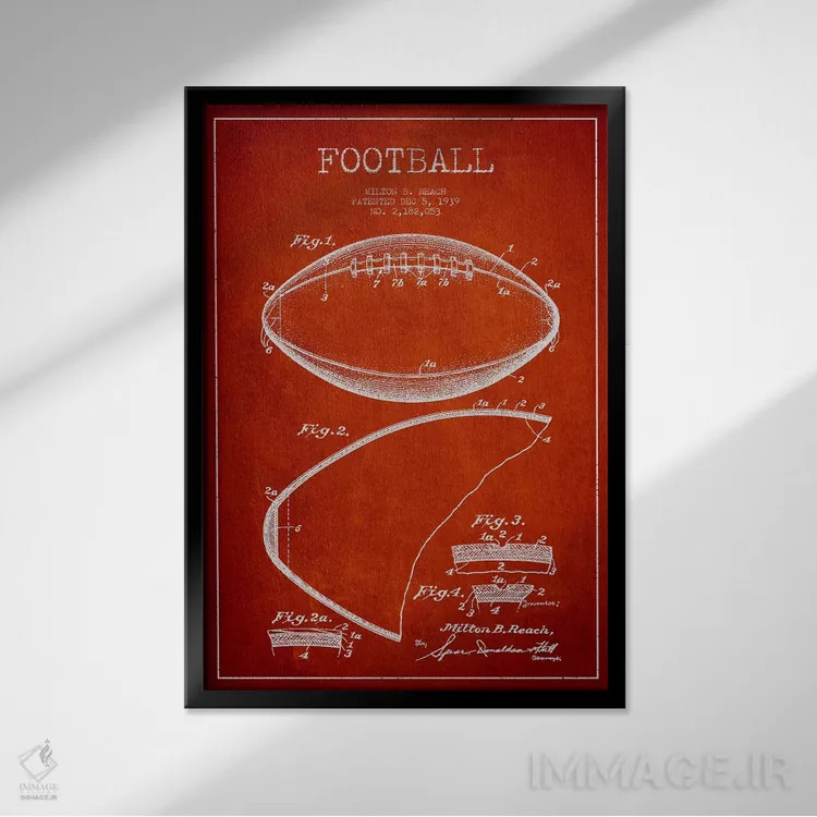 تابلو نقشهٔ ثبت اختراع توپ فوتبال (قرمز) اثر پیکسل کهنه (استودیو/نام هنری) - نمای قابدار مشکی
