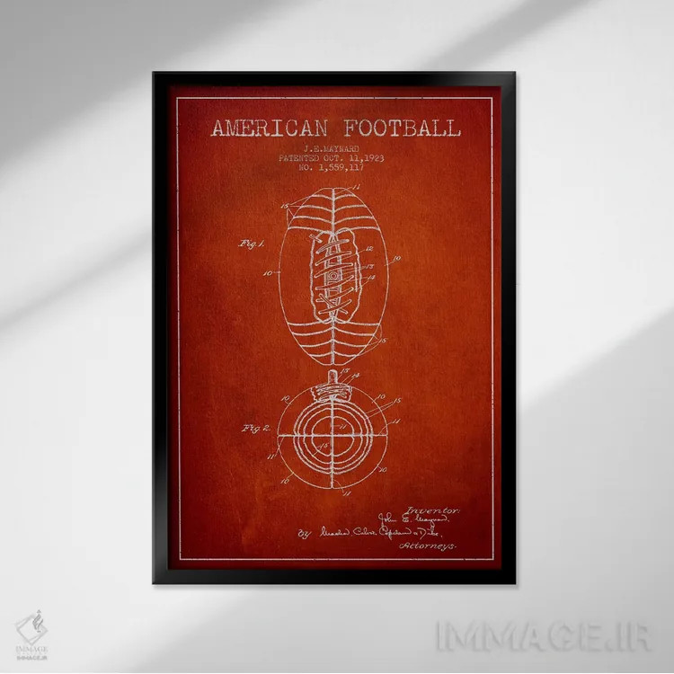تابلو نقشهٔ ثبت اختراع توپ فوتبال (قرمز) اثر پیکسل کهنه (استودیو/نام هنری) - نمای قابدار مشکی