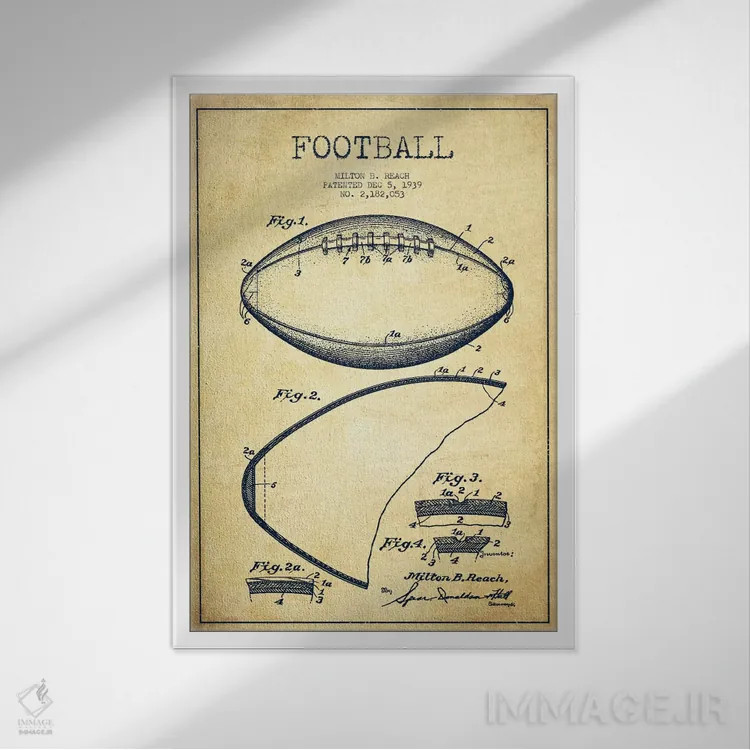 تابلو نقشهٔ ثبت اختراع توپ فوتبال قدیمی اثر پیکسل کهنه (استودیو/نام هنری) - نمای قابدار سفید