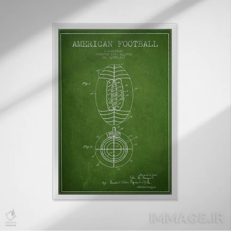 تابلو نقشهٔ ثبت اختراع توپ فوتبال (سبز) اثر پیکسل کهنه (استودیو/نام هنری) - نمای قابدار سفید