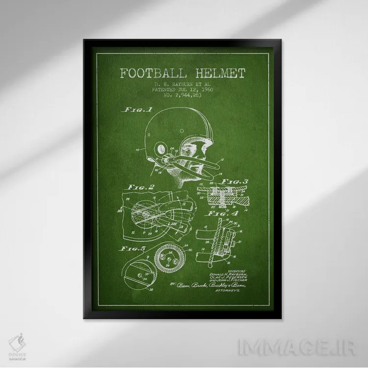 تابلو نقشهٔ ثبت اختراع کلاه ایمنی فوتبال (سبز) اثر پیکسل کهنه (استودیو/نام هنری) - نمای قابدار مشکی