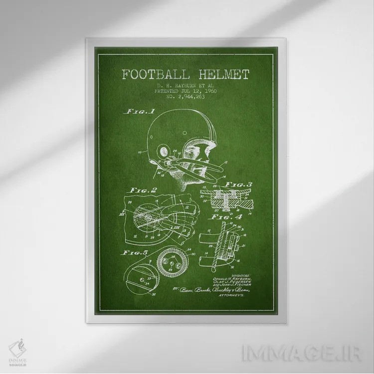تابلو نقشهٔ ثبت اختراع کلاه ایمنی فوتبال (سبز) اثر پیکسل کهنه (استودیو/نام هنری) - نمای قابدار سفید