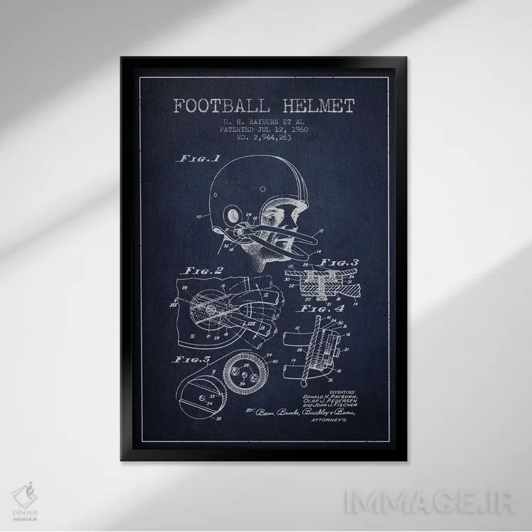 تابلو نقشهٔ ثبت اختراع کلاه ایمنی فوتبال (آبی سرمهای) اثر پیکسل کهنه (استودیو/نام هنری) - نمای قابدار مشکی