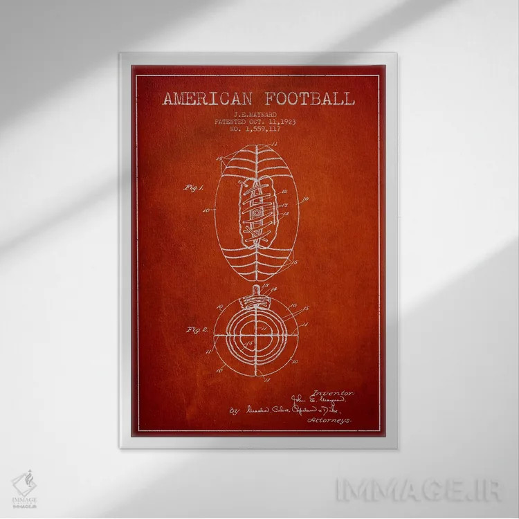 تابلو نقشهٔ ثبت اختراع توپ فوتبال (قرمز) اثر پیکسل کهنه (استودیو/نام هنری) - نمای قابدار سفید