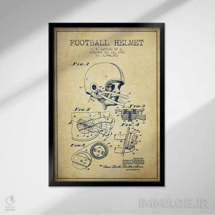 تابلو نقشهٔ ثبت اختراع کلاه ایمنی فوتبال قدیمی اثر پیکسل کهنه (استودیو/نام هنری) - نمای قابدار مشکی
