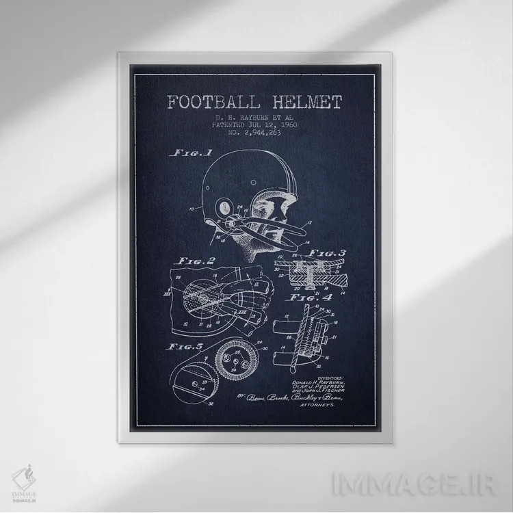 تابلو نقشهٔ ثبت اختراع کلاه ایمنی فوتبال (آبی سرمهای) اثر پیکسل کهنه (استودیو/نام هنری) - نمای قابدار سفید