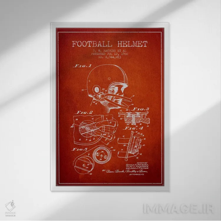 تابلو نقشهٔ ثبت اختراع کلاه ایمنی فوتبال (قرمز) اثر پیکسل کهنه (استودیو/نام هنری) - نمای قابدار سفید