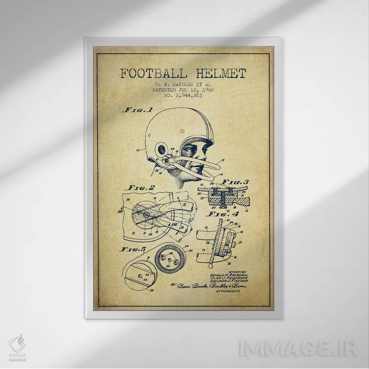 تابلو نقشهٔ ثبت اختراع کلاه ایمنی فوتبال قدیمی اثر پیکسل کهنه (استودیو/نام هنری) - نمای قابدار سفید