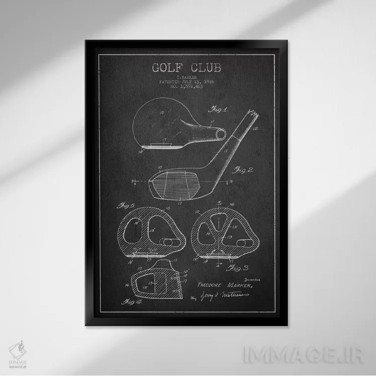 تابلو نقشهٔ ثبت اختراع چوب گلف (زغالسنگی) اثر پیکسل کهنه (استودیو/نام هنری) - نمای قابدار مشکی