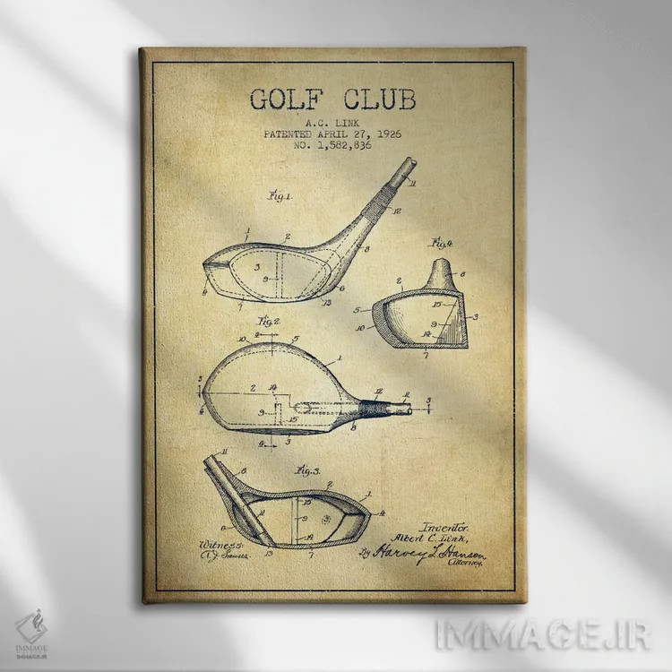 تابلو نقشهٔ ثبت اختراع چوب گلف قدیمی اثر پیکسل کهنه (استودیو/نام هنری) - نمای روبهرو روی دیوار