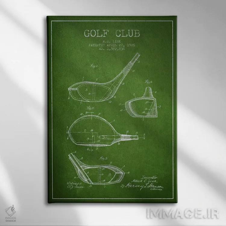 تابلو نقشهٔ ثبت اختراع چوب گلف (سبز) اثر پیکسل کهنه (استودیو/نام هنری) - نمای روبهرو روی دیوار