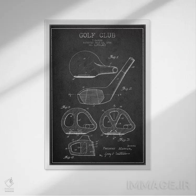 تابلو نقشهٔ ثبت اختراع چوب گلف (زغالسنگی) اثر پیکسل کهنه (استودیو/نام هنری) - نمای قابدار سفید