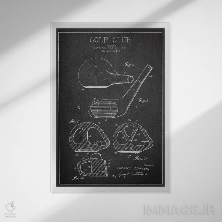 تابلو نقشهٔ ثبت اختراع چوب گلف (زغالسنگی) اثر پیکسل کهنه (استودیو/نام هنری) - نمای قابدار سفید