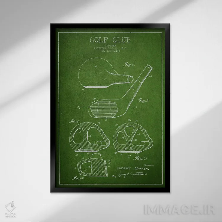 تابلو نقشهٔ ثبت اختراع چوب گلف (سبز) اثر پیکسل کهنه (استودیو/نام هنری) - نمای قابدار مشکی