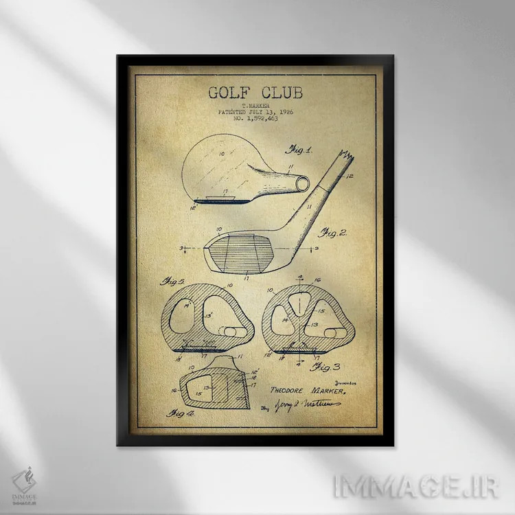 تابلو نقشهٔ ثبت اختراع چوب گلف قدیمی اثر پیکسل کهنه (استودیو/نام هنری) - نمای قابدار مشکی