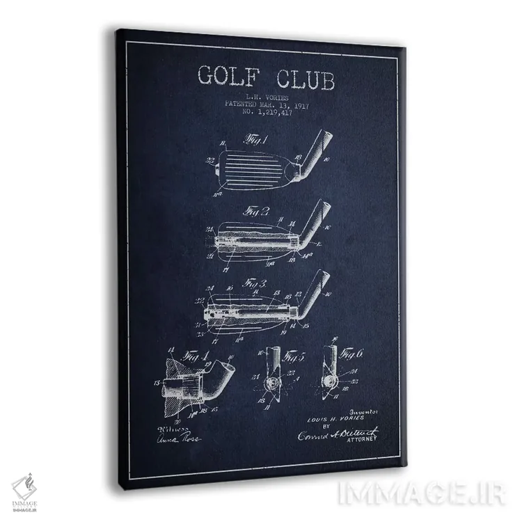 تابلو نقشهٔ ثبت اختراع چوب گلف (آبی سرمهای) اثر پیکسل کهنه (استودیو/نام هنری) - نمای پرسپکتیو محصول