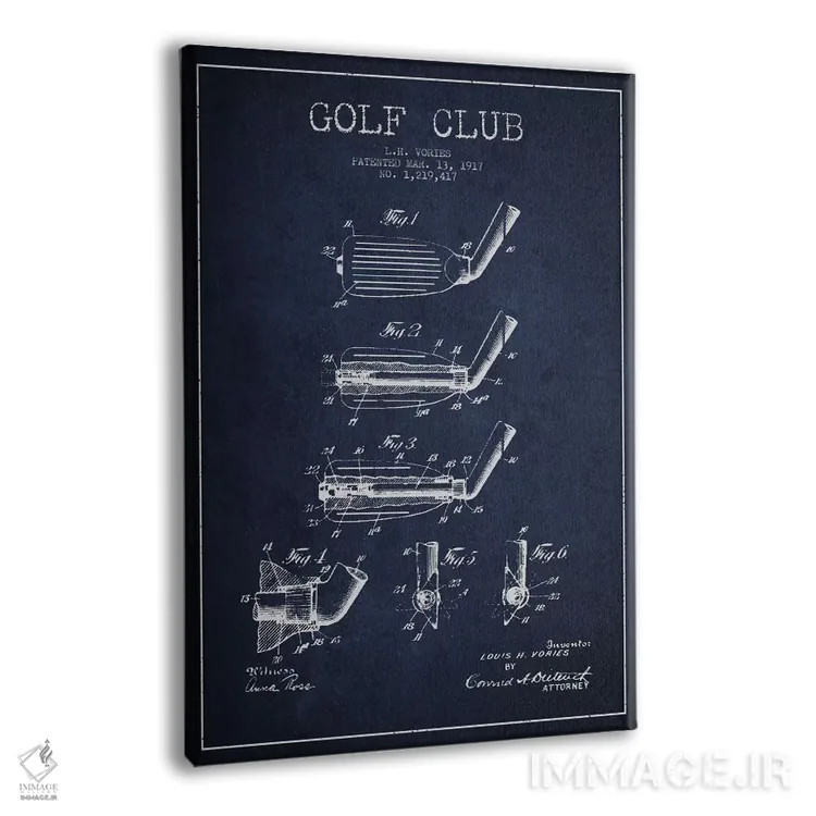 تابلو نقشهٔ ثبت اختراع چوب گلف (آبی سرمهای) اثر پیکسل کهنه (استودیو/نام هنری) - نمای پرسپکتیو محصول