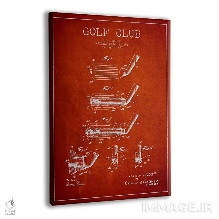 تابلو نقشهٔ ثبت اختراع چوب گلف (قرمز) اثر پیکسل کهنه (استودیو/نام هنری) - نمای پرسپکتیو محصول