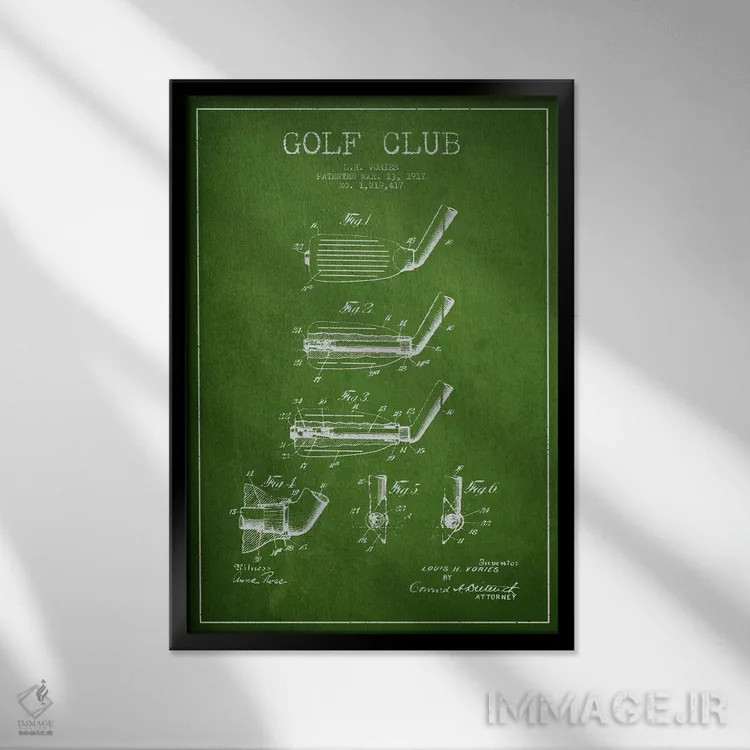 تابلو نقشهٔ ثبت اختراع چوب گلف (سبز) اثر پیکسل کهنه (استودیو/نام هنری) - نمای قابدار مشکی