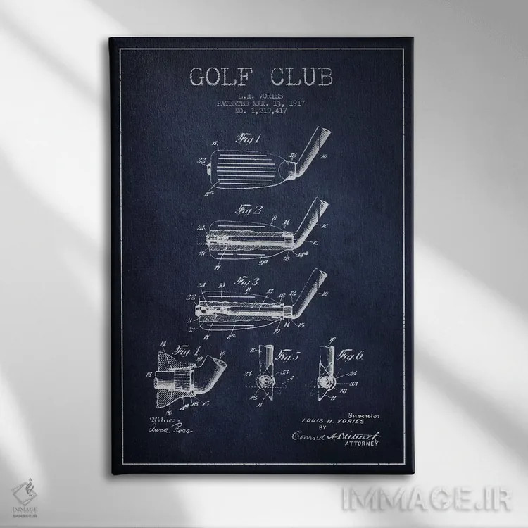 تابلو نقشهٔ ثبت اختراع چوب گلف (آبی سرمهای) اثر پیکسل کهنه (استودیو/نام هنری) - نمای روبهرو روی دیوار