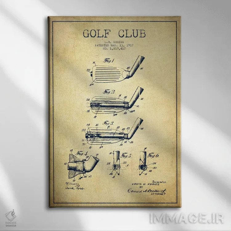 تابلو نقشهٔ ثبت اختراع چوب گلف قدیمی اثر پیکسل کهنه (استودیو/نام هنری) - نمای روبهرو روی دیوار