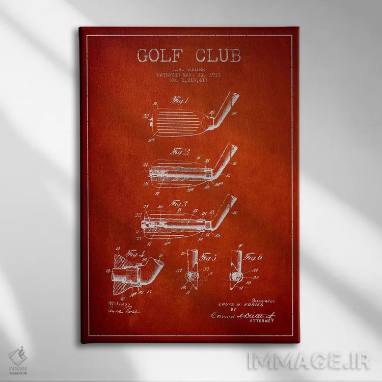 تابلو نقشهٔ ثبت اختراع چوب گلف (قرمز) اثر پیکسل کهنه (استودیو/نام هنری) - نمای روبهرو روی دیوار