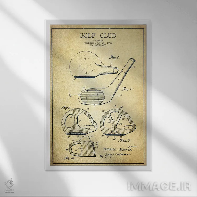 تابلو نقشهٔ ثبت اختراع چوب گلف قدیمی اثر پیکسل کهنه (استودیو/نام هنری) - نمای قابدار سفید