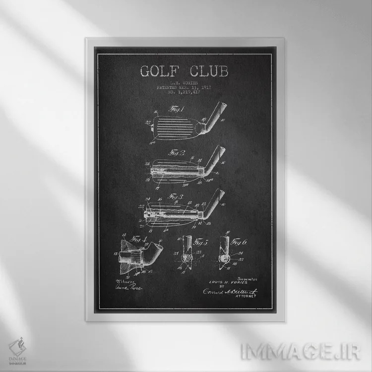 تابلو نقشهٔ ثبت اختراع چوب گلف (زغالسنگی) اثر پیکسل کهنه (استودیو/نام هنری) - نمای قابدار سفید