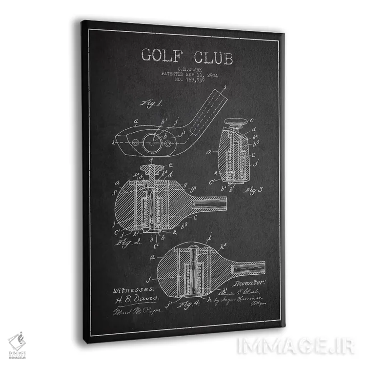 تابلو نقشهٔ ثبت اختراع چوب گلف (زغالسنگی) اثر پیکسل کهنه (استودیو/نام هنری) - نمای پرسپکتیو محصول