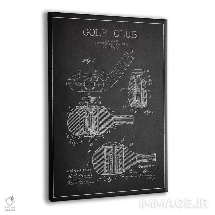 تابلو نقشهٔ ثبت اختراع چوب گلف (زغالسنگی) اثر پیکسل کهنه (استودیو/نام هنری) - نمای پرسپکتیو محصول