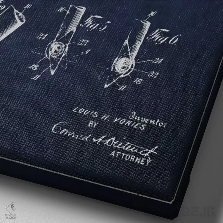 تابلو نقشهٔ ثبت اختراع چوب گلف (آبی سرمهای) اثر پیکسل کهنه (استودیو/نام هنری) - نمای نزدیک بافت بوم