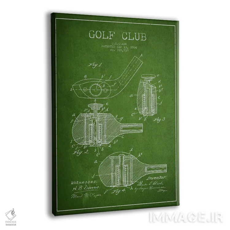 تابلو نقشهٔ ثبت اختراع چوب گلف (سبز) اثر پیکسل کهنه (استودیو/نام هنری) - نمای پرسپکتیو محصول