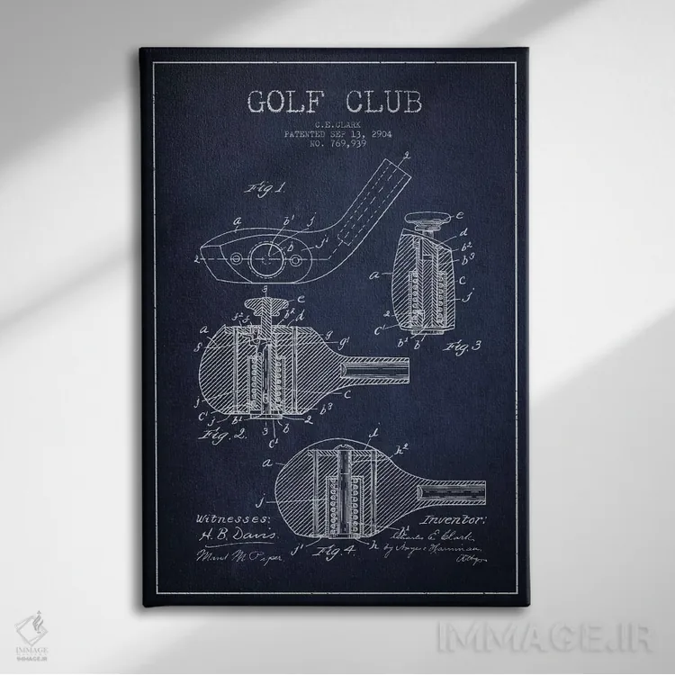 تابلو نقشهٔ ثبت اختراع چوب گلف (آبی سرمهای) اثر پیکسل کهنه (استودیو/نام هنری) - نمای روبهرو روی دیوار