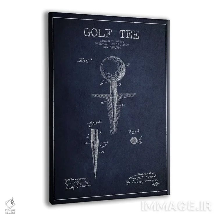 تابلو نقشهٔ ثبت اختراع پایه توپ گلف (آبی سرمهای) اثر پیکسل کهنه (استودیو/نام هنری) - نمای پرسپکتیو محصول