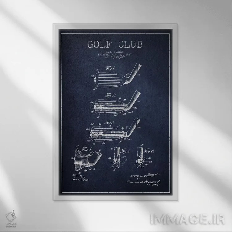 تابلو نقشهٔ ثبت اختراع چوب گلف (آبی سرمهای) اثر پیکسل کهنه (استودیو/نام هنری) - نمای قابدار سفید